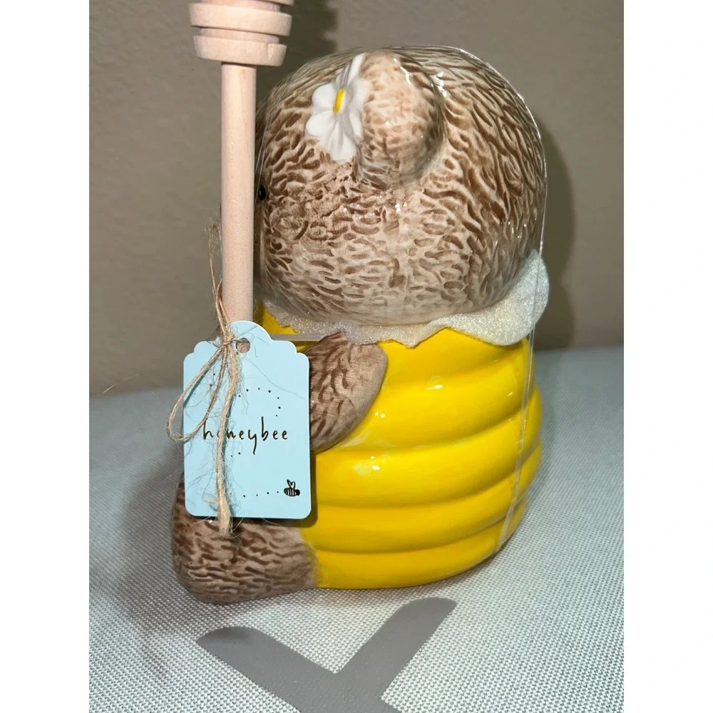 Best Friends Collection Ceramic Bear Honey Pot Jar with Wooden Dipper Yellow Bee